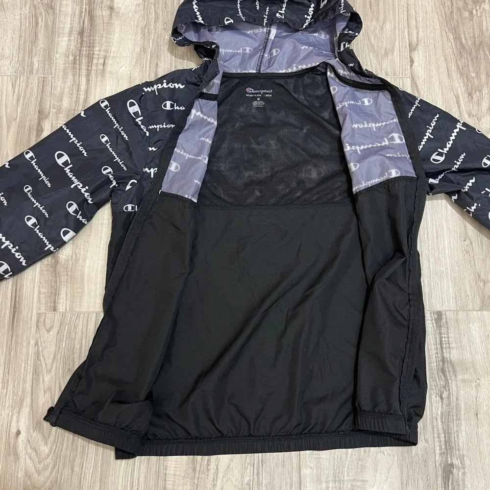 Champion Boys Windbreaker Jacket Medium M 8-10 Black White All Over Print Zip